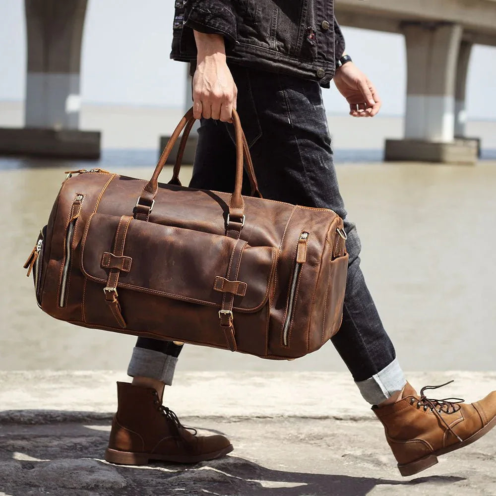 Men's Retro Shoulder Bag Genuine Cowhide Leather Duffle Weekend Bag