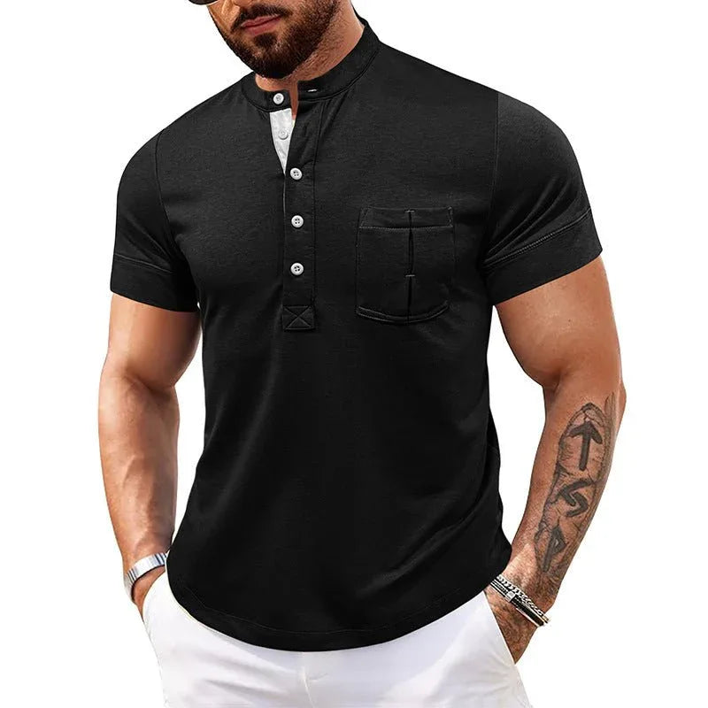 Men's Round Neck Short Sleeve Chest Pocket Polo Shirt
