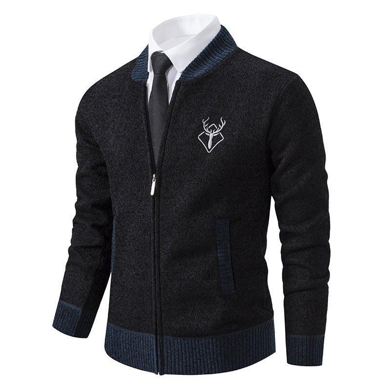 Men's Slim Stand Collar Elk Embroidered Sweater