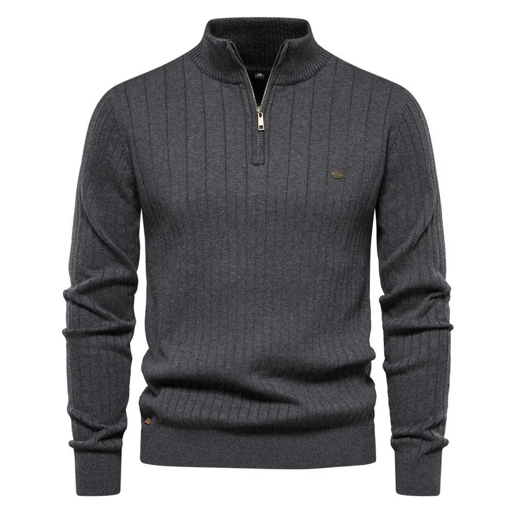 Men's Stand Collar Sweater Fashion Half-zipper Solid Color Striped Knit Sweater High Quality Slim Fit Top Clothing