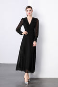Midnight Black Long Sleeve Ruched Waist V Neck Maxi Dress