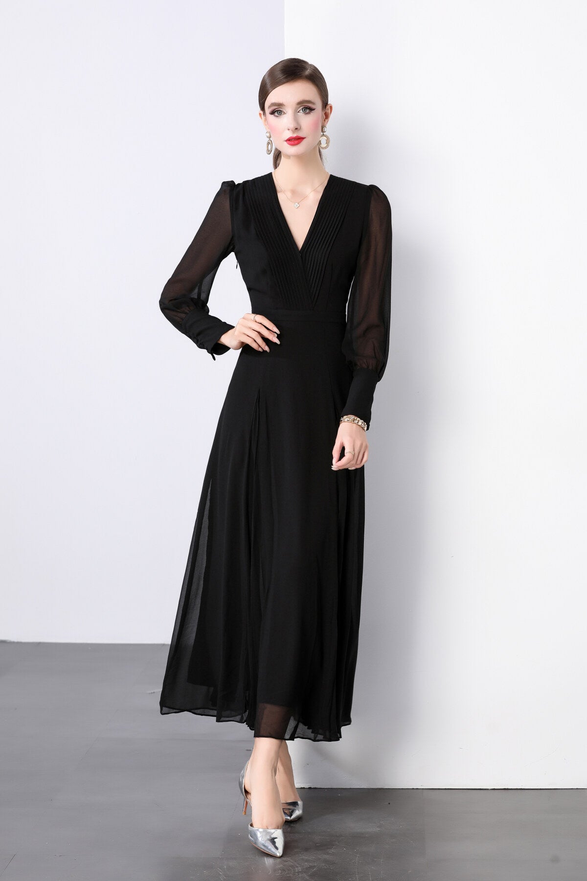Midnight Black Long Sleeve Ruched Waist V Neck Maxi Dress