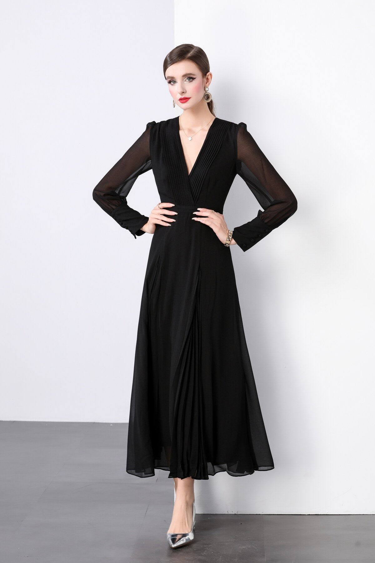 Midnight Black Long Sleeve Ruched Waist V Neck Maxi Dress