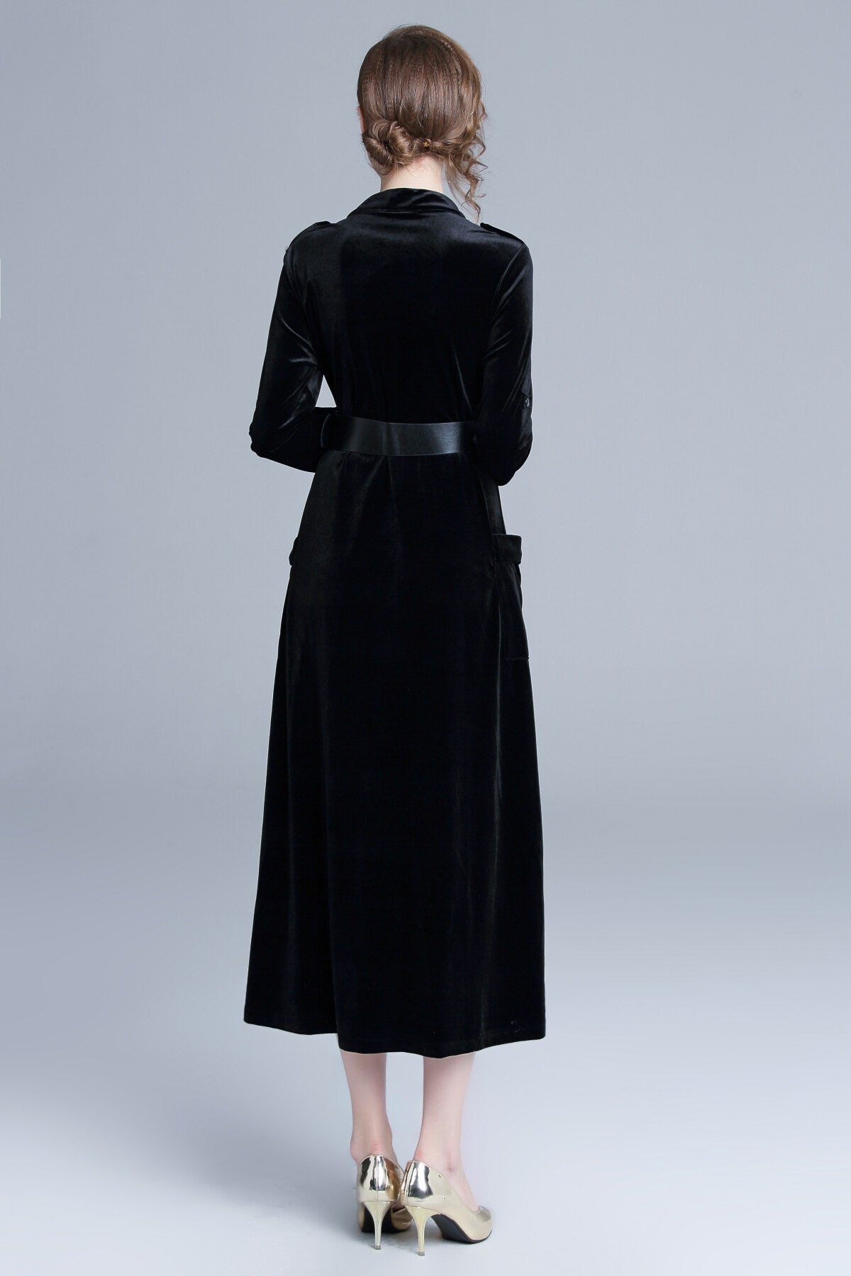 Midnight Black Velvet Long Sleeve Belted Midi Dress