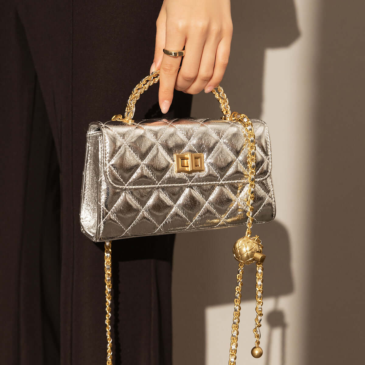 Mini Quilted Chain Strap Bag with Top Handle-5