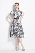 Natural Forest Waist Cinching Flared Work Shirt Dress