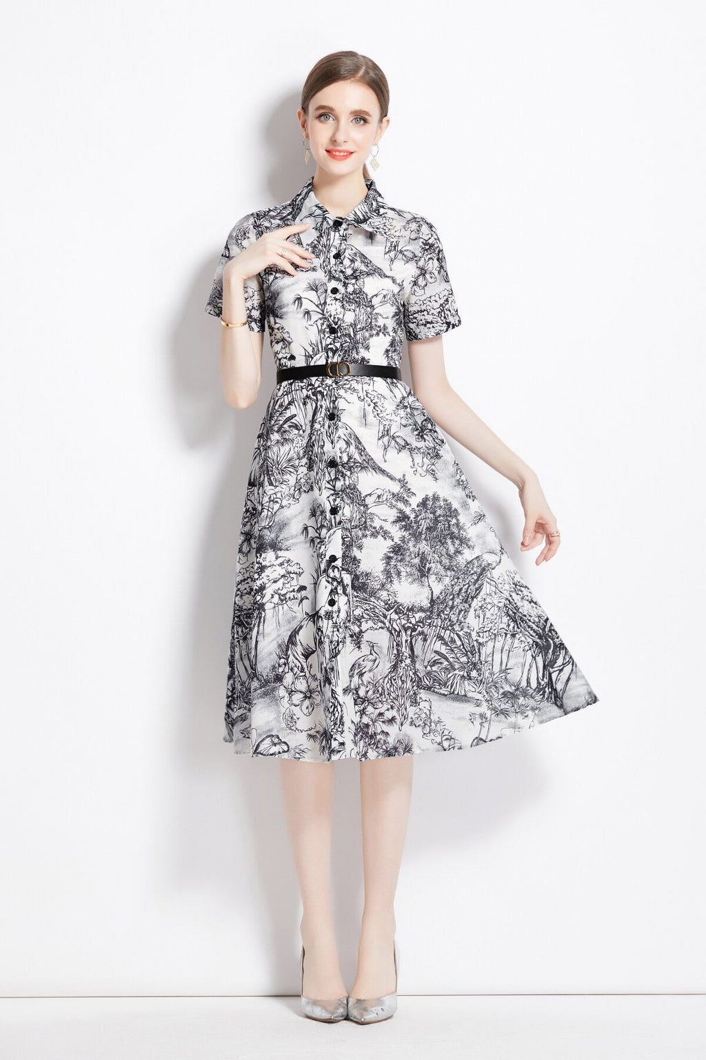 Natural Forest Waist Cinching Flared Work Shirt Dress