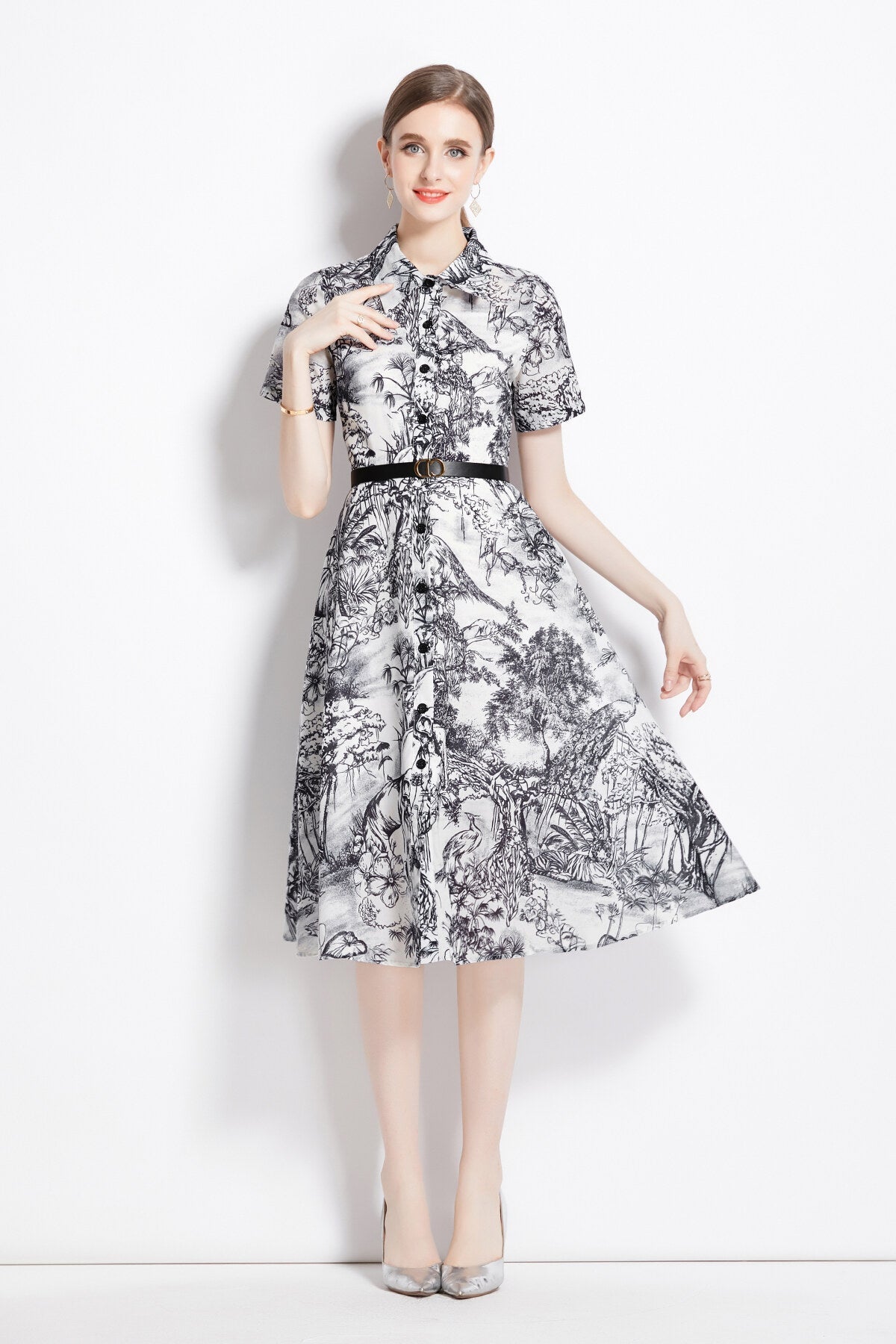 Natural Forest Waist Cinching Flared Work Shirt Dress