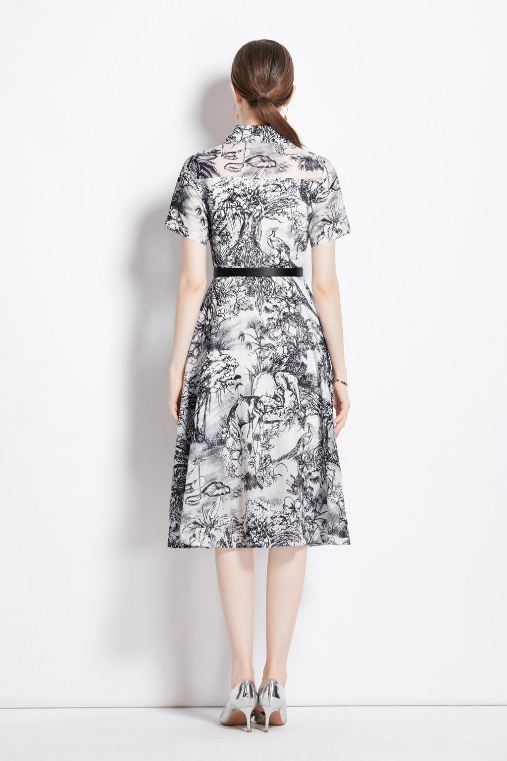 Natural Forest Waist Cinching Flared Work Shirt Dress