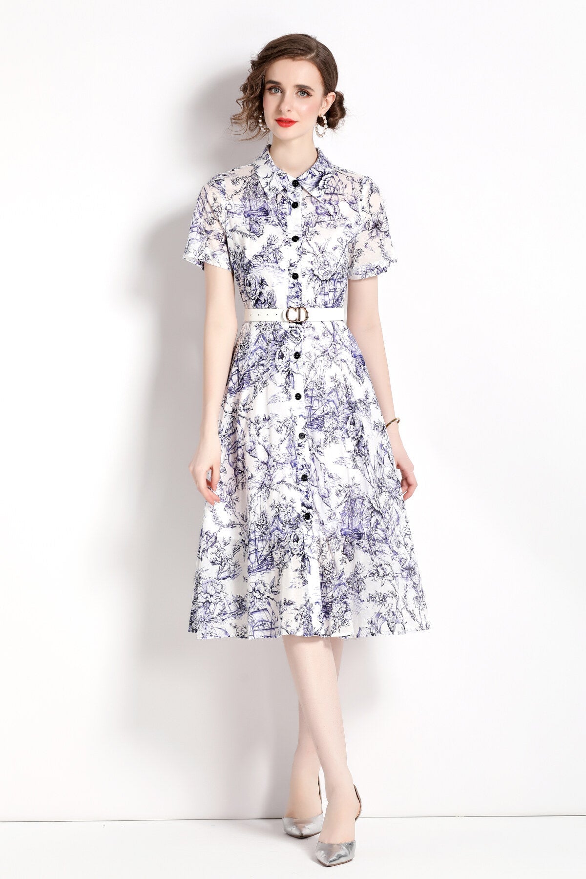 Natural Forest Waist Cinching Flared Work Shirt Dress