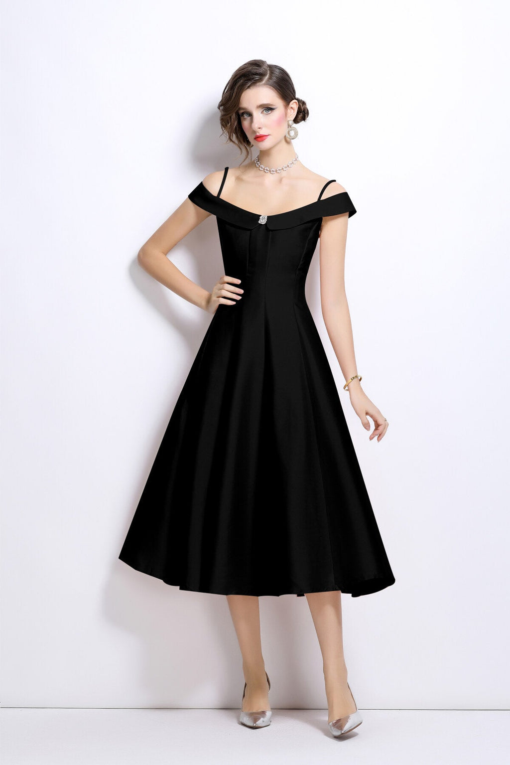 Off Shoulder Sweetheart Neckline Calf Length Dress