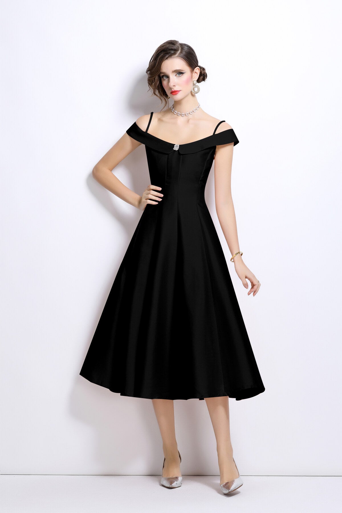 Off Shoulder Sweetheart Neckline Calf Length Dress