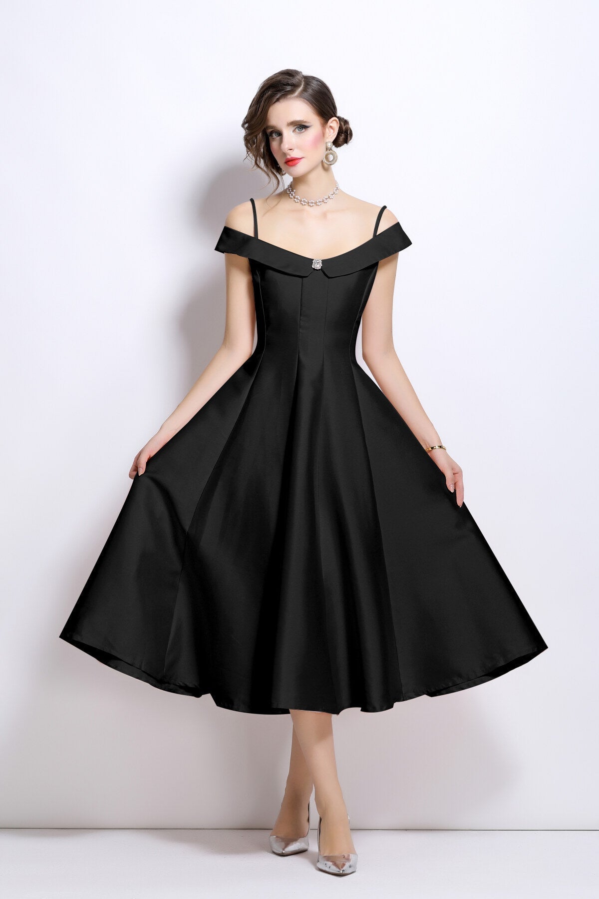 Off Shoulder Sweetheart Neckline Calf Length Dress