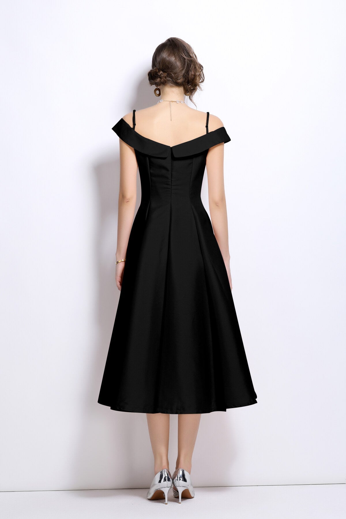 Off Shoulder Sweetheart Neckline Calf Length Dress