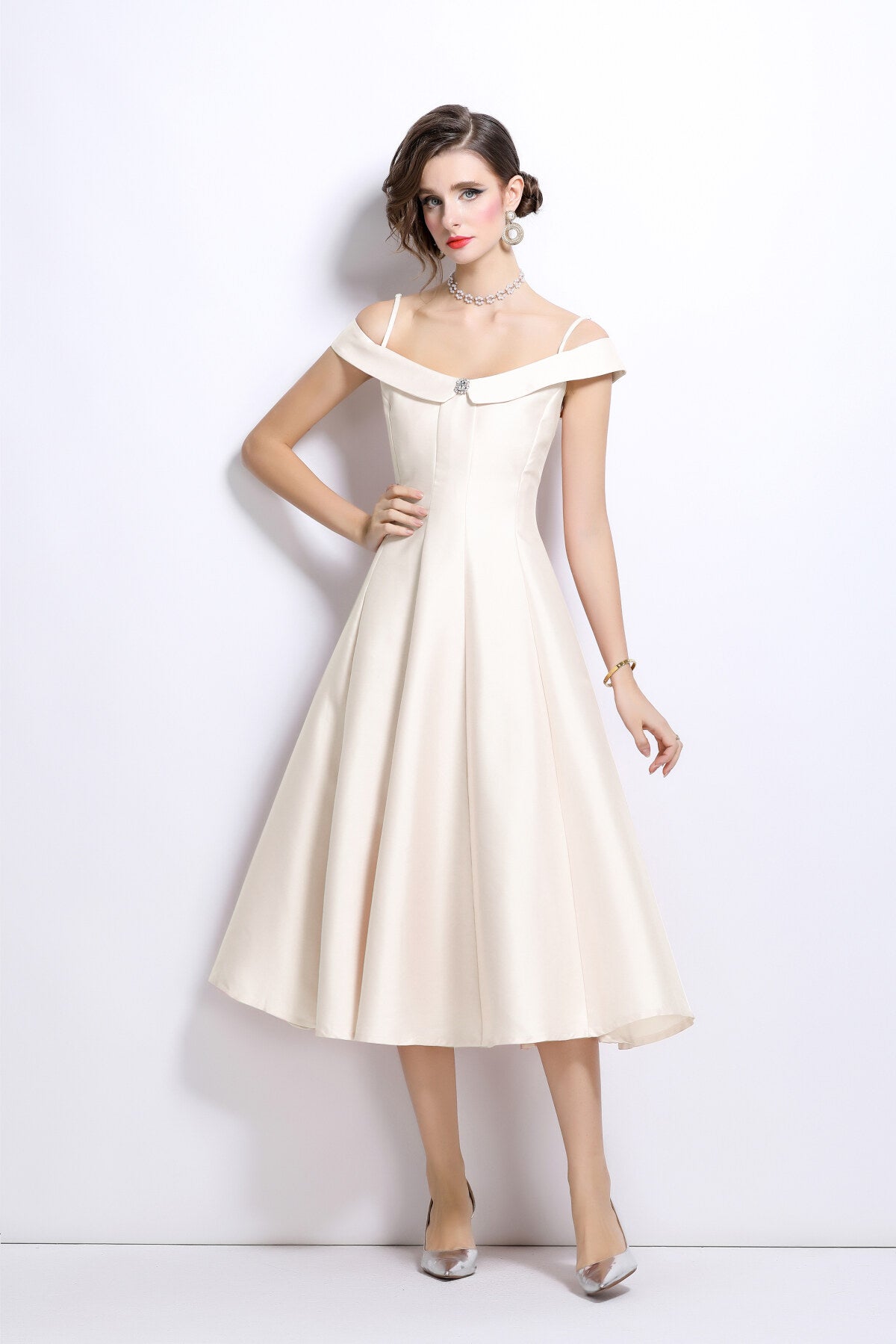 Off Shoulder Sweetheart Neckline Calf Length Dress