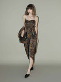 Oriental Gold Ruched Satin Print Slip Dress-0