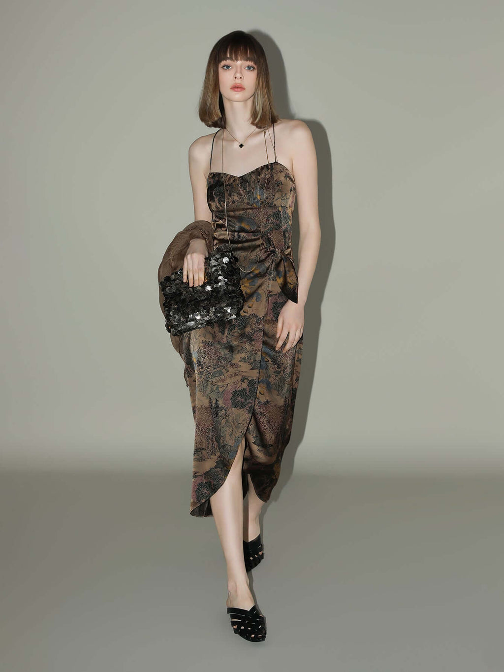 Oriental Gold Ruched Satin Print Slip Dress