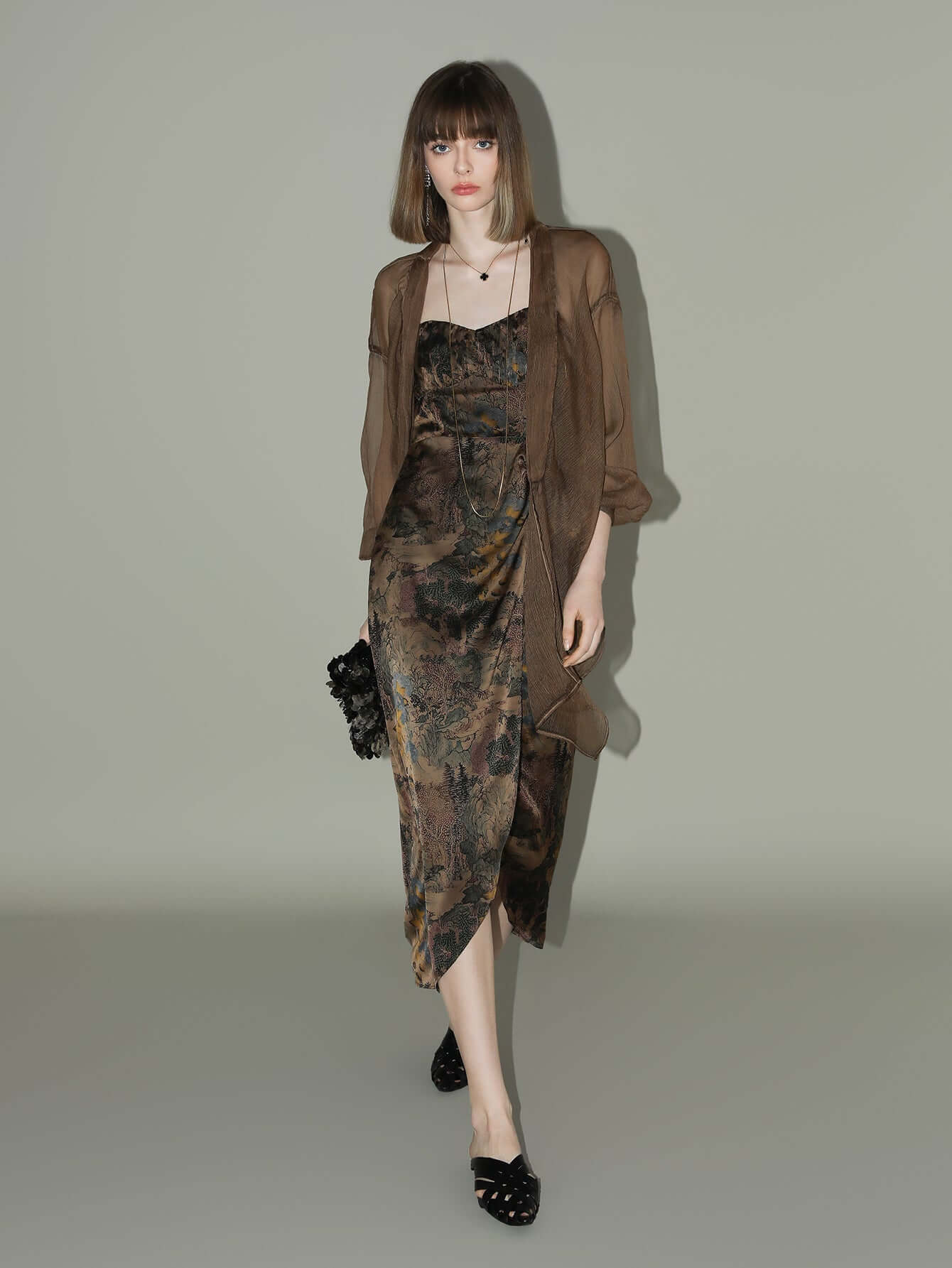 Oriental Gold Ruched Satin Print Slip Dress