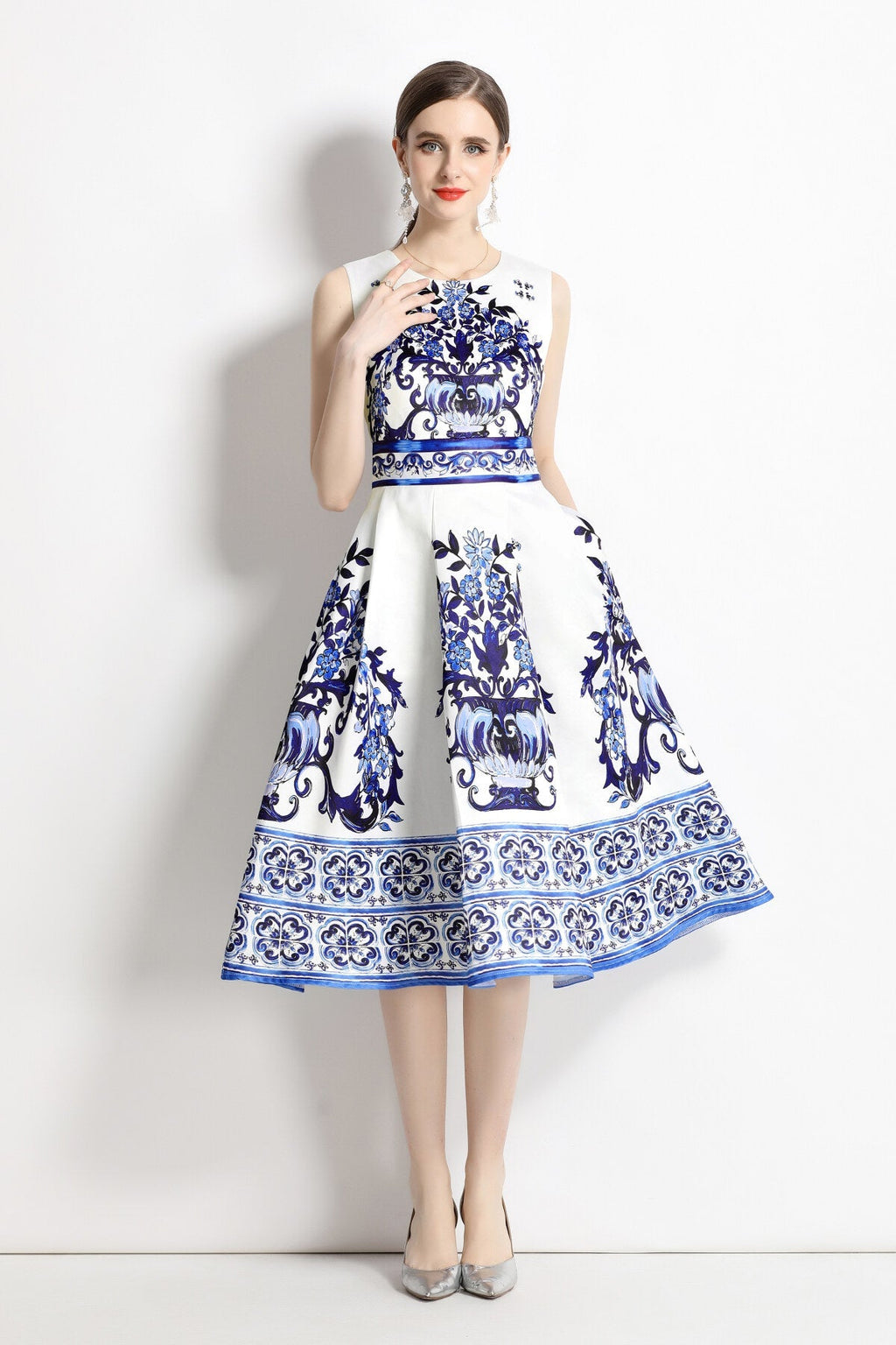 Oriental Printed Slim Fit Midi Dress