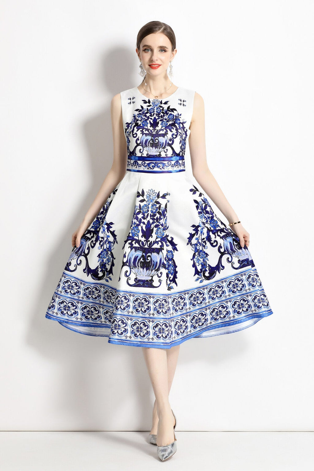 Oriental Printed Slim Fit Midi Dress