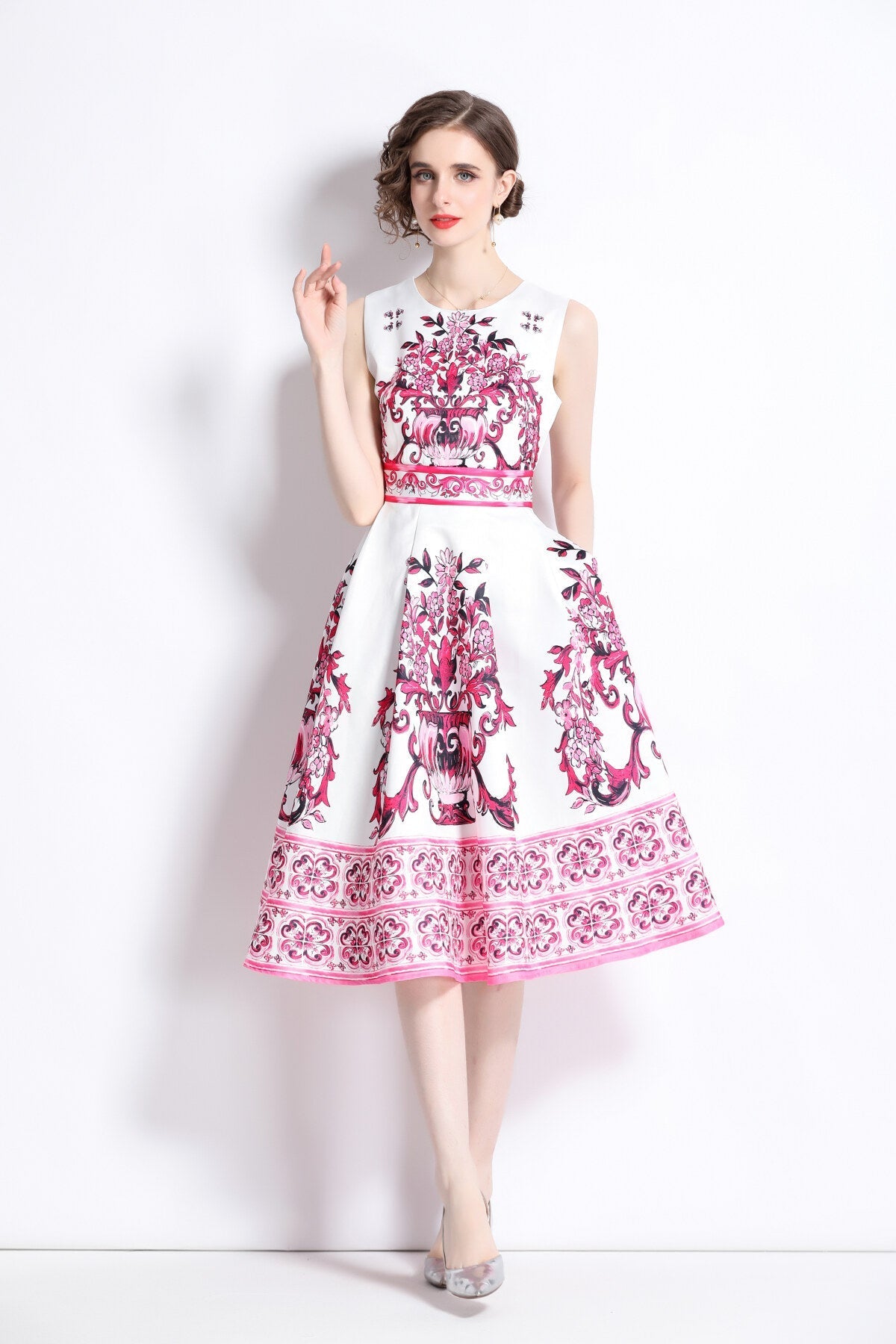 Oriental Printed Slim Fit Midi Dress