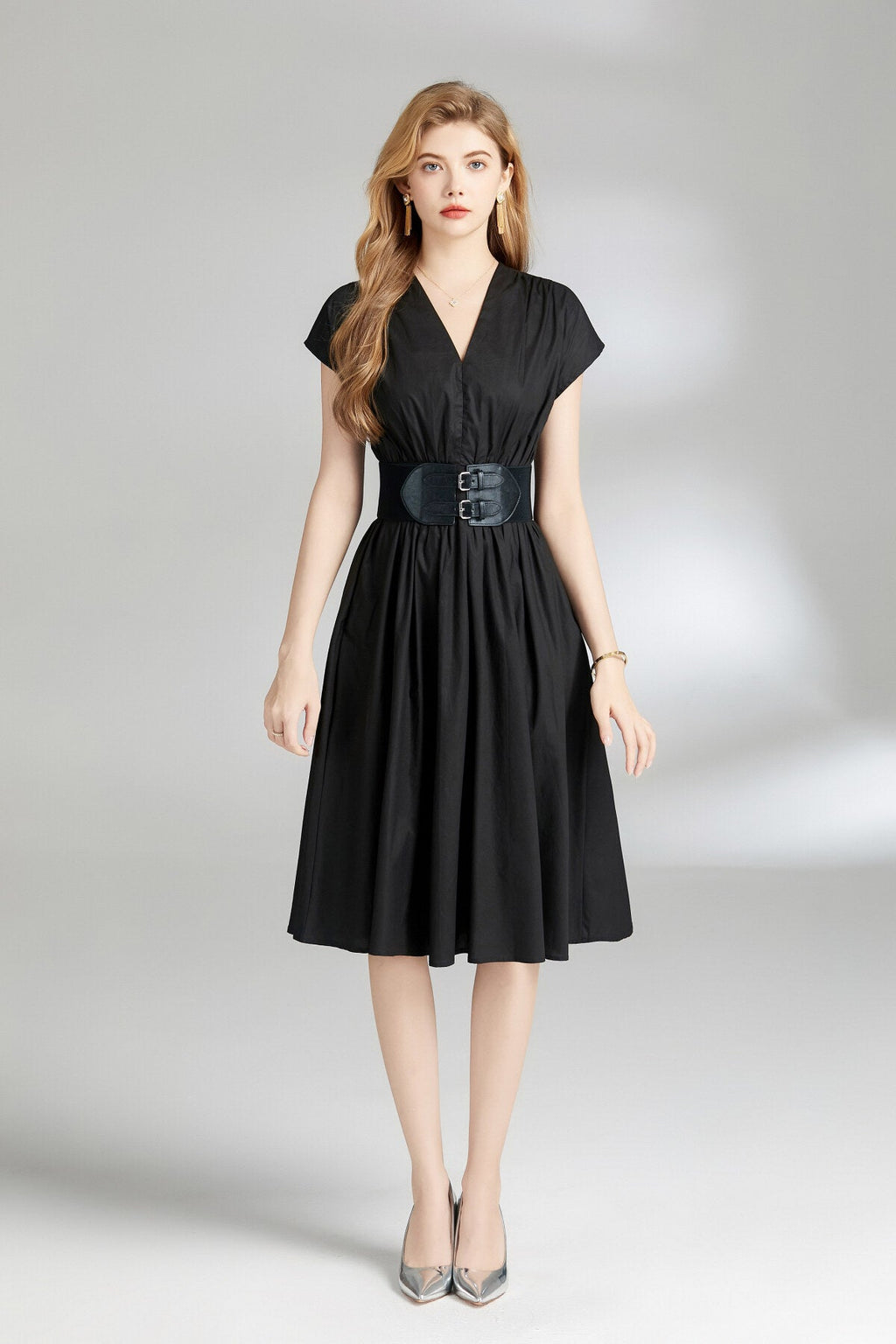 Plunging Neckline Cinched Waist Dress