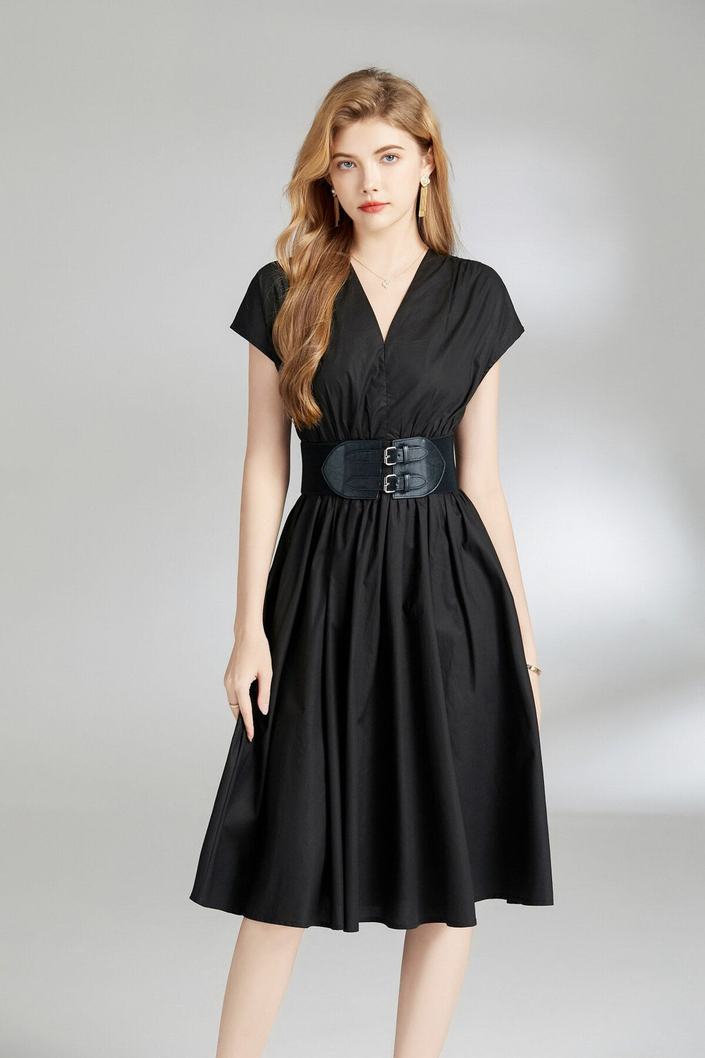 Plunging Neckline Cinched Waist Dress