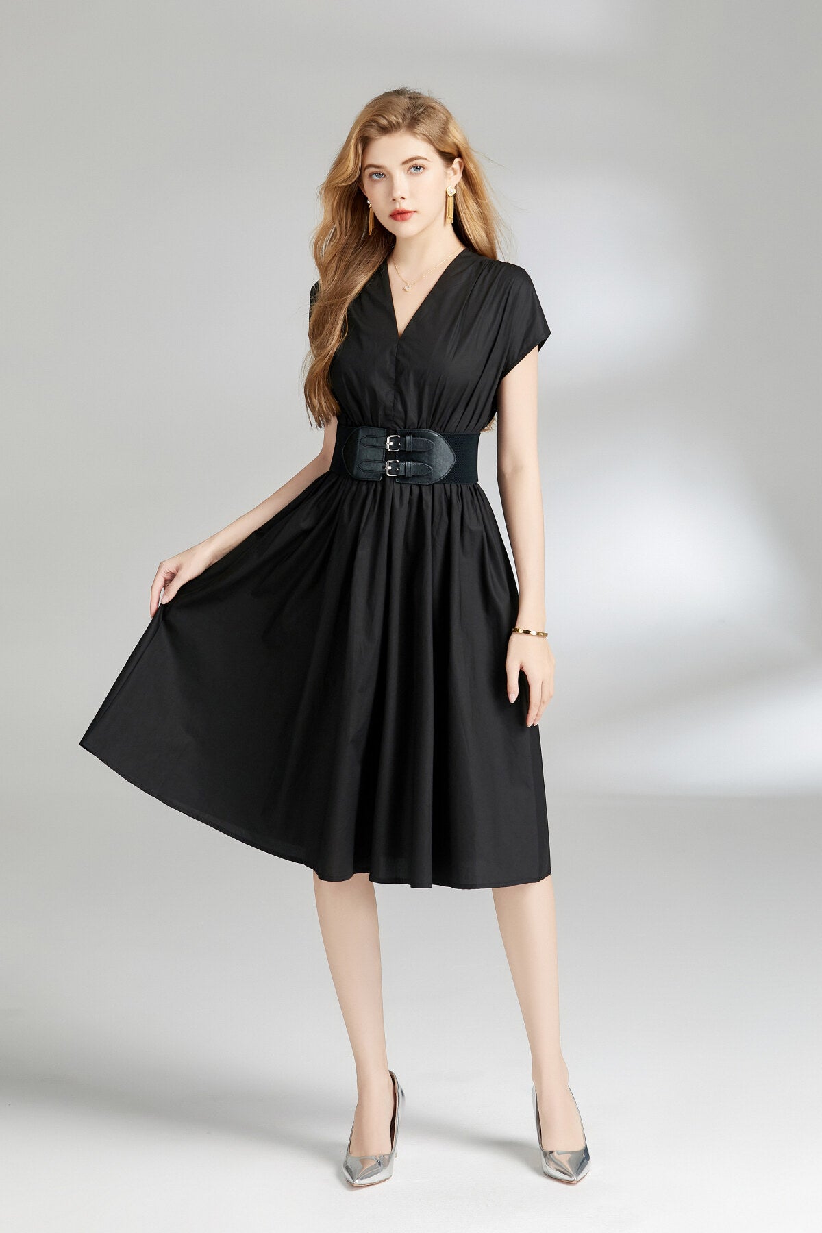 Plunging Neckline Cinched Waist Dress