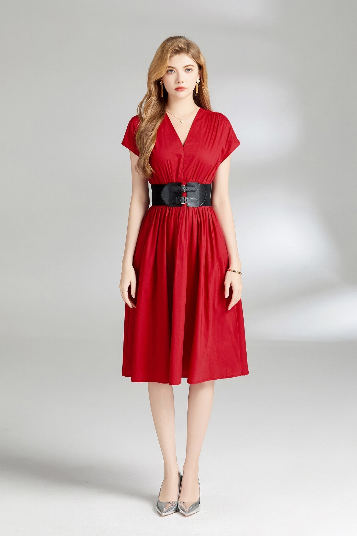 Plunging Neckline Cinched Waist Dress