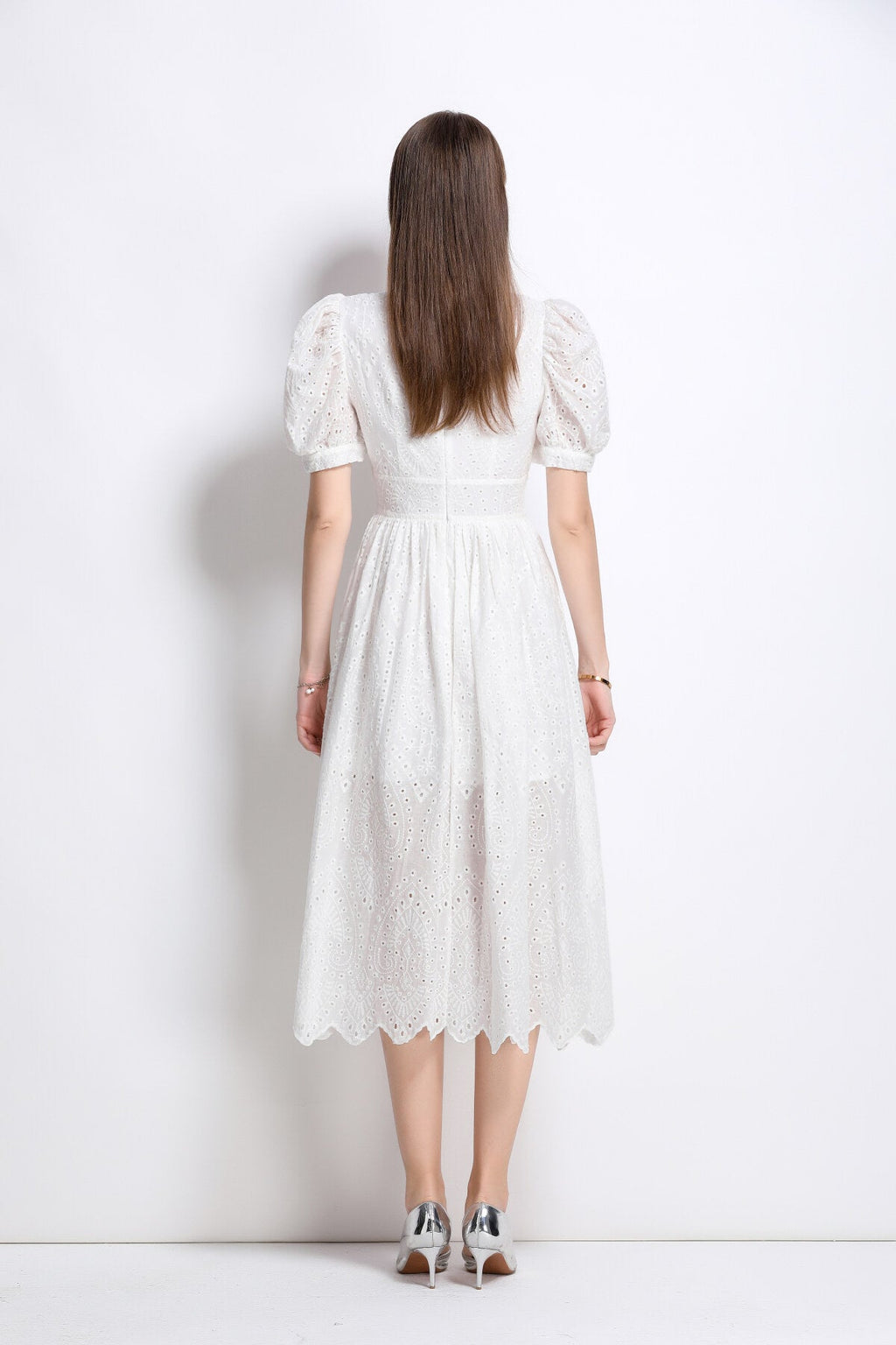 Plunging Neckline Lantern Sleeve Flowy White Maxi Dress