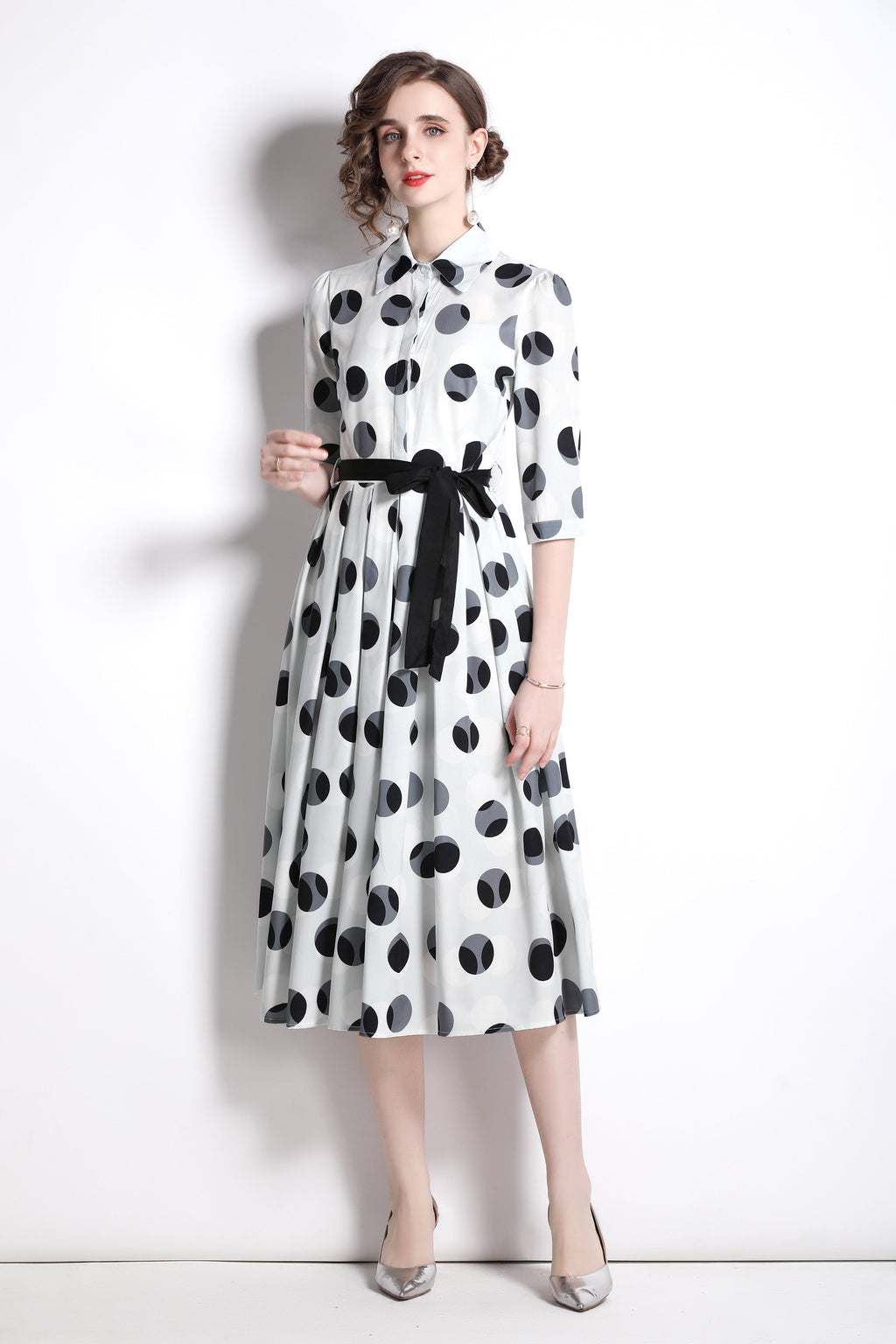 Polka Dot Tie Waist Shirt Dress