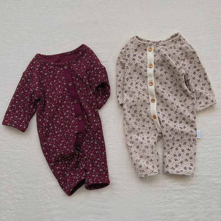 Baby-Strampler mit zartem Blumenmuster und durchgehender Knopfleiste, Waffelstrick, Waffelstrick 