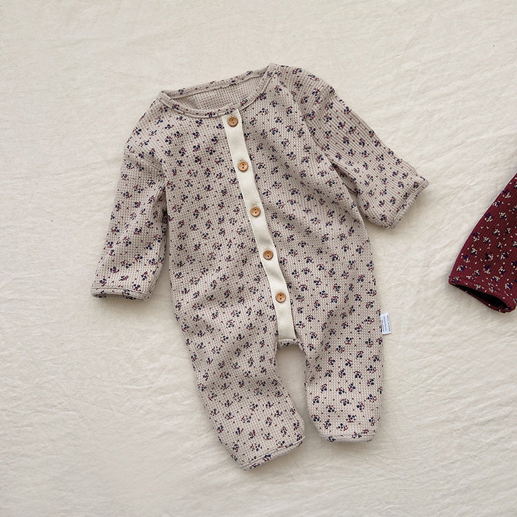Baby-Strampler mit zartem Blumenmuster und durchgehender Knopfleiste, Waffelstrick, Waffelstrick 