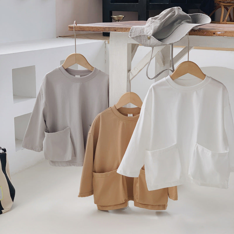 Herbstneuheit: Baby- und Kinder-Unisex-Top, bequem, einfarbig, mit Taschen und langen Ärmeln, langärmlig, bequem, einfarbig
