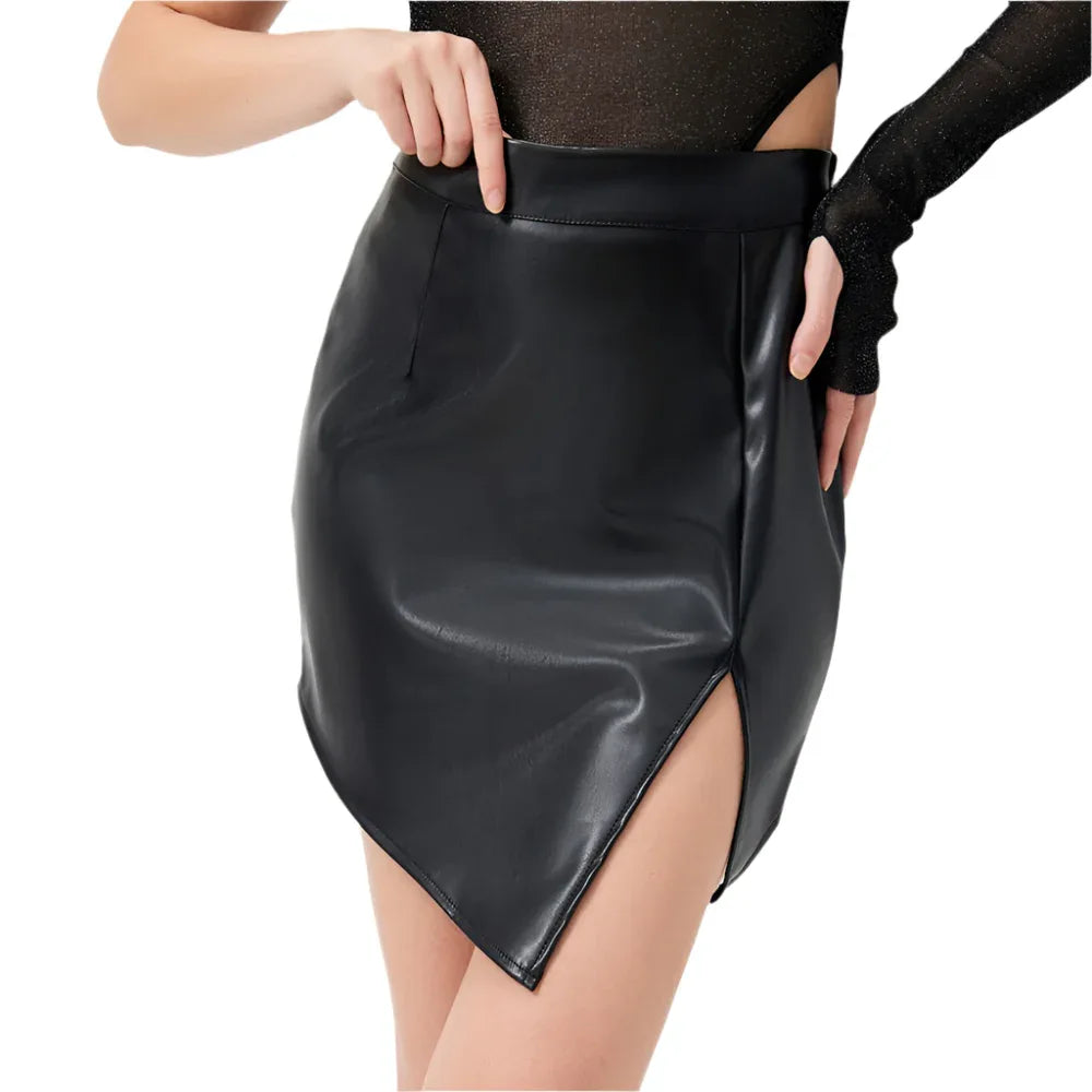 PU Leather High Slit Fashion Spice Girl Mid Waist Skirt