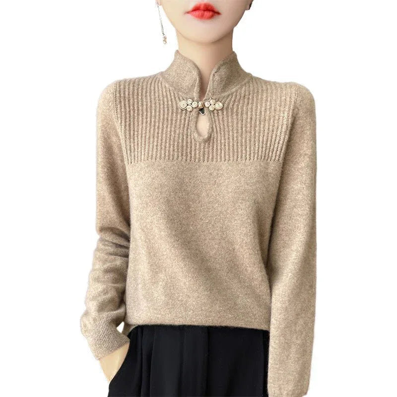 Retro Buckle Vertical Collar Sweater For Women