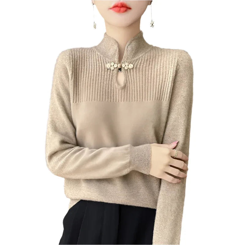 Retro Buckle Vertical Collar Sweater For Women