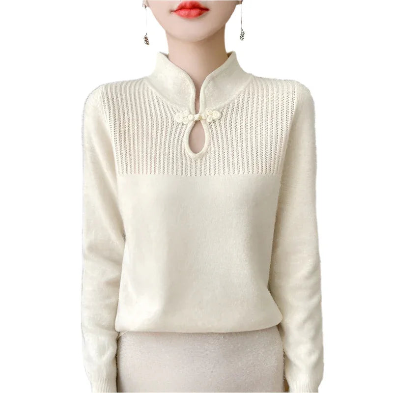 Retro Buckle Vertical Collar Sweater For Women