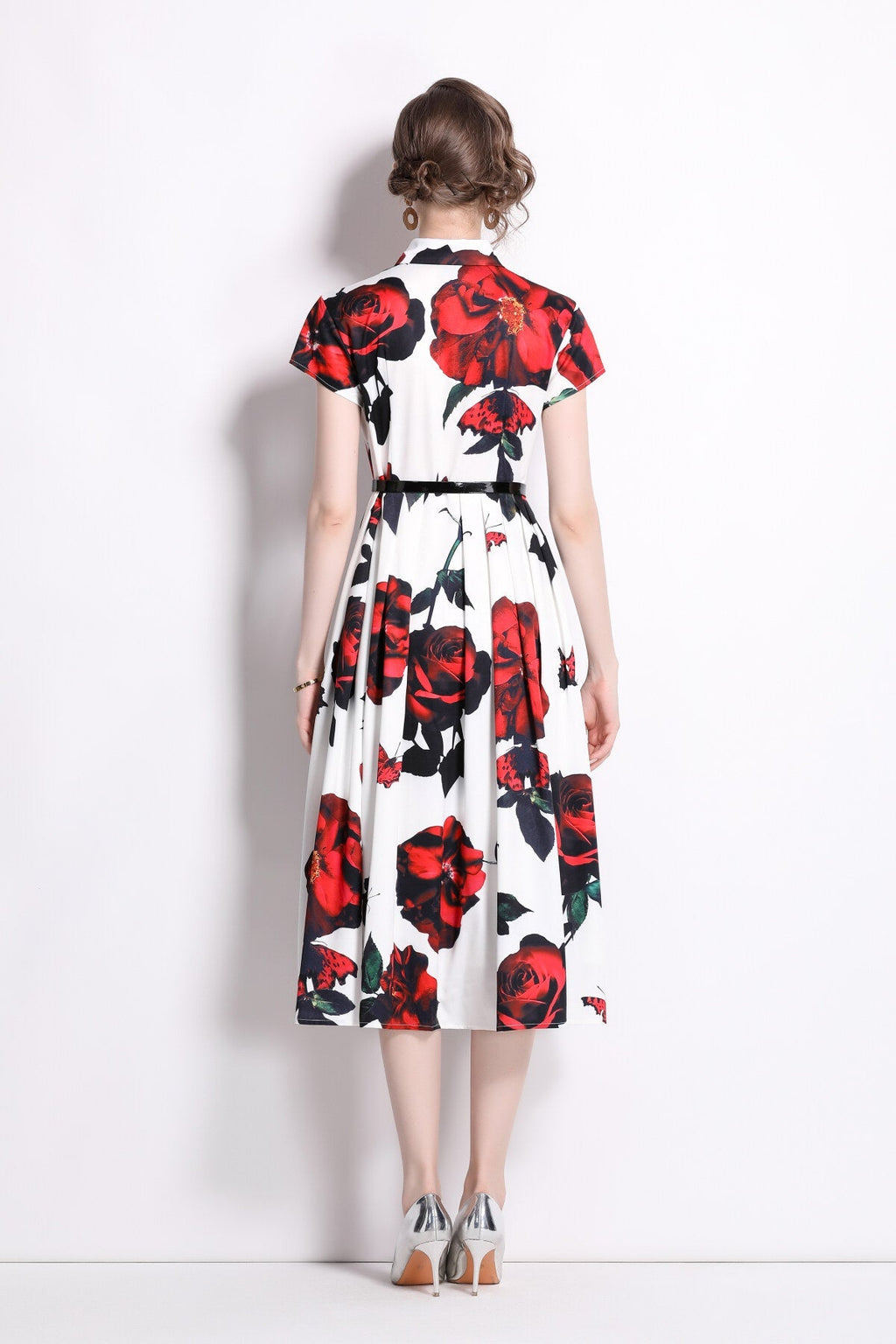 Romantic Rose Lapel Collar Shirt Dress