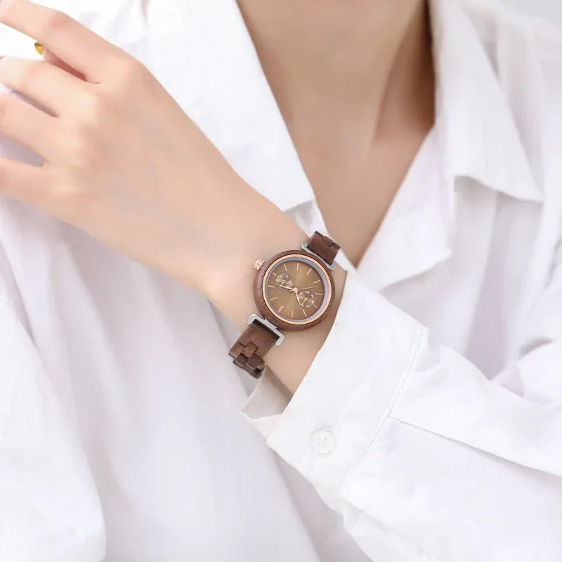 Round Analog Quartz Ladies Ebony Wood Watch For Women