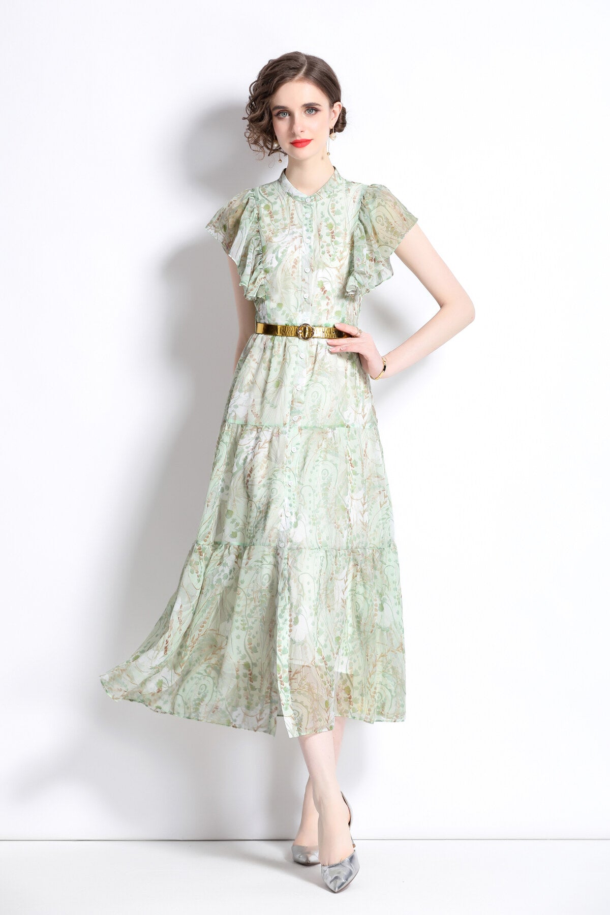 Ruffled Short Sleeve Belted Mint Green Midi Dress