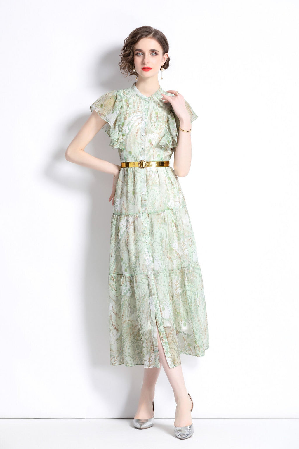 Ruffled Short Sleeve Belted Mint Green Midi Dress