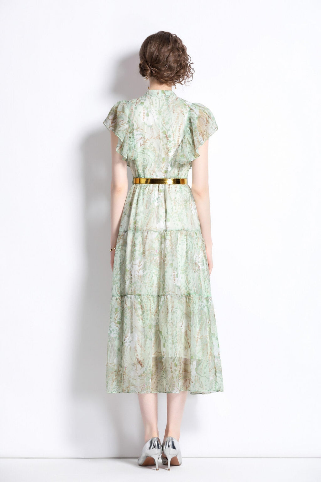 Ruffled Short Sleeve Belted Mint Green Midi Dress