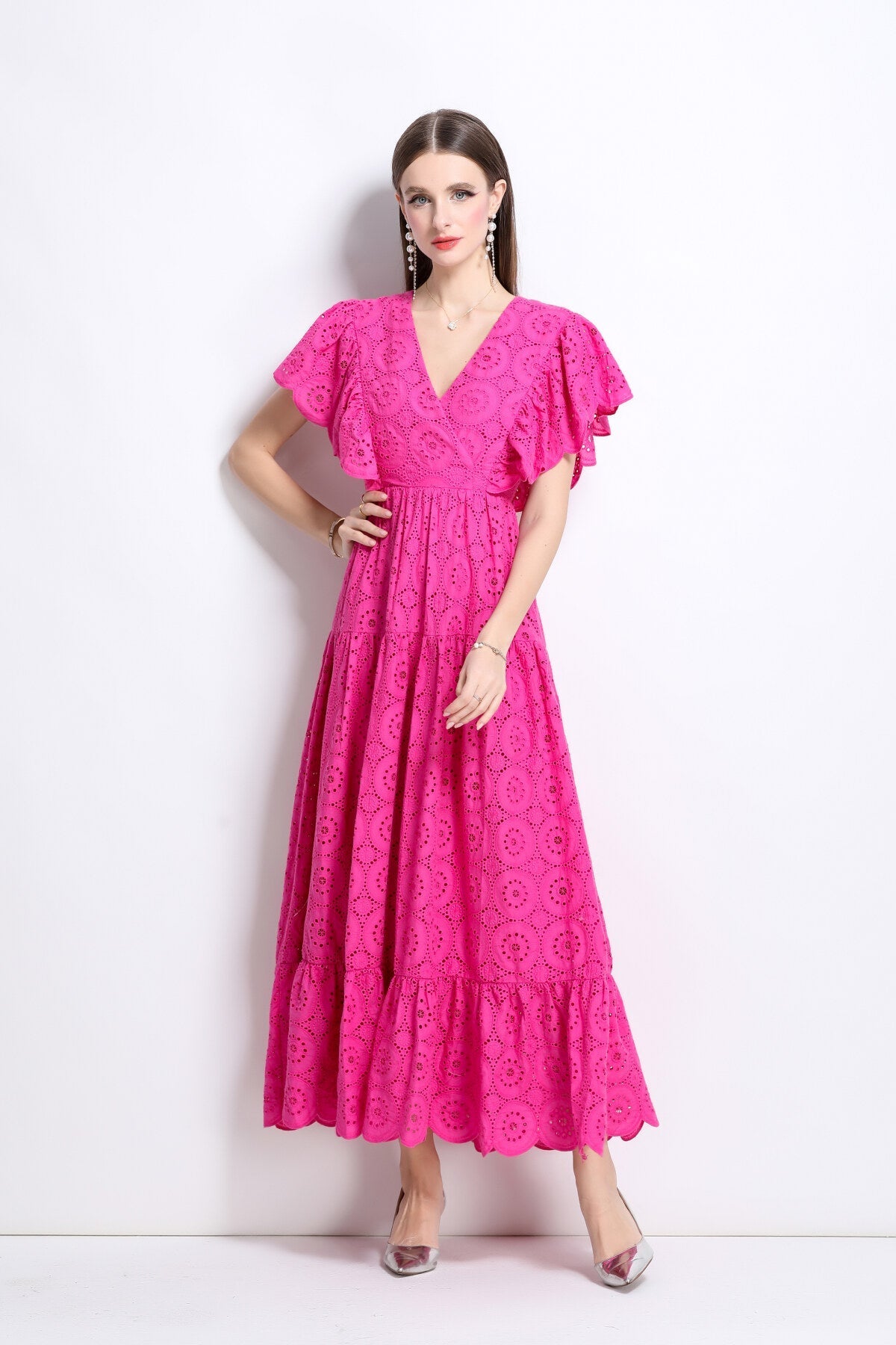 Samantha Lace Cut Out Ruffle Sleeve Maxi Dress