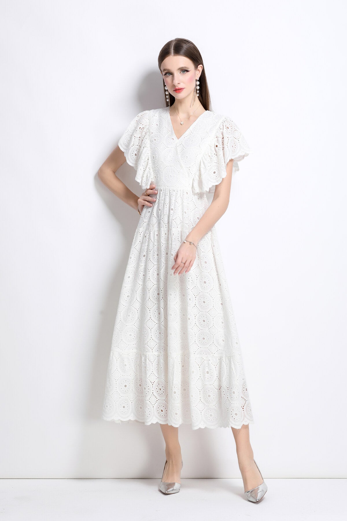 Samantha Lace Cut Out Ruffle Sleeve Maxi Dress