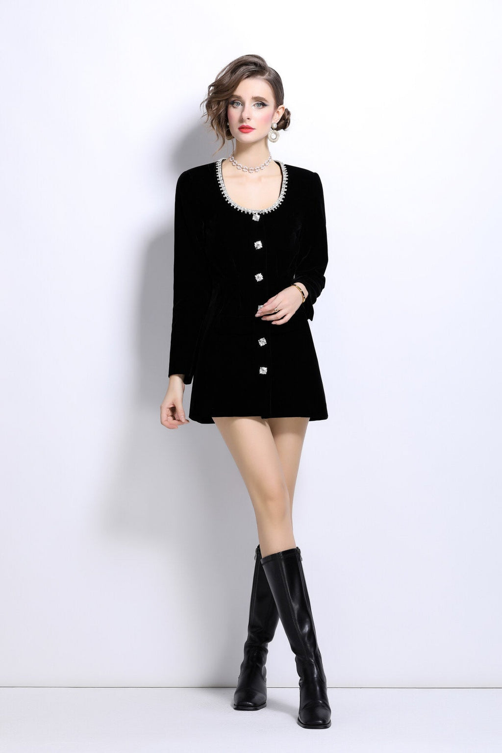 Scoop Neck Button Down Long Sleeve Coat Dress