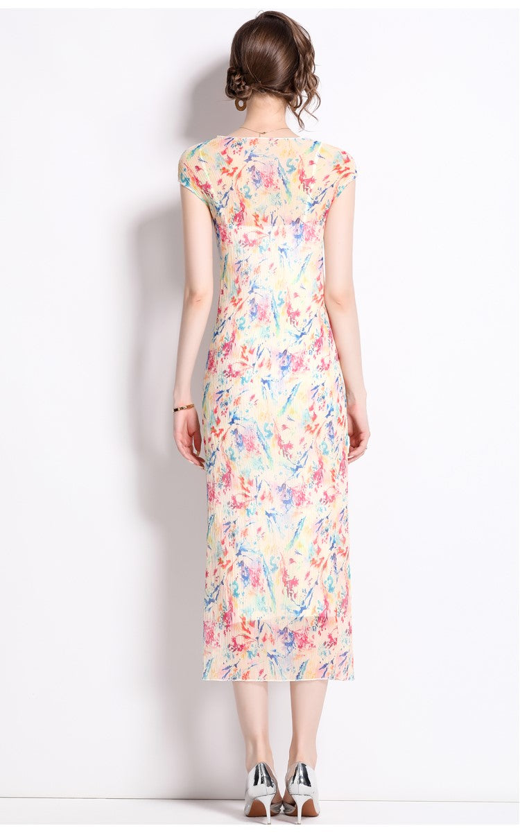 Short Sleeve Double Layer Sheer Rainbow See Through Dress