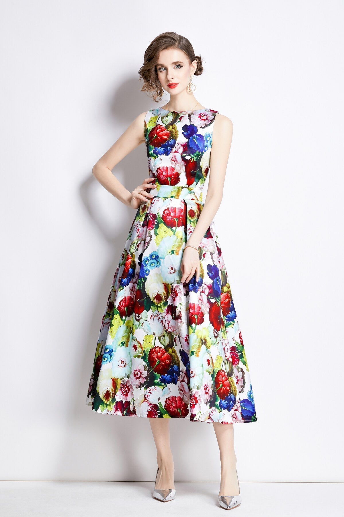 Sleeveless High Waisted Structured Cut A Line Dress-4