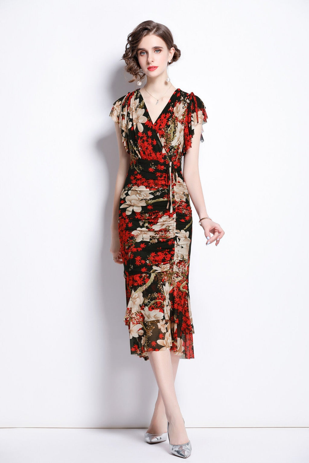 Slim Fit Plunging Neckline Floral Red Bodycon Dress-0