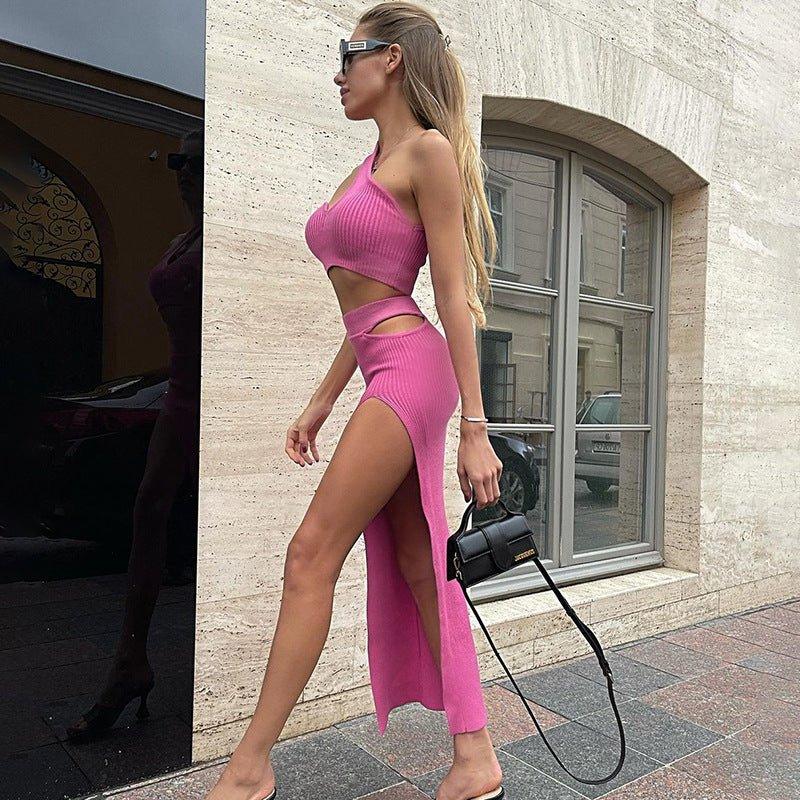 Sloping Shoulder Crop Top High Waist Hollow Skirt Suit Tight Two Piece Women's Clothing Set
